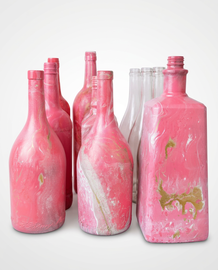Group of pink and gold marbled bottles on a shelf