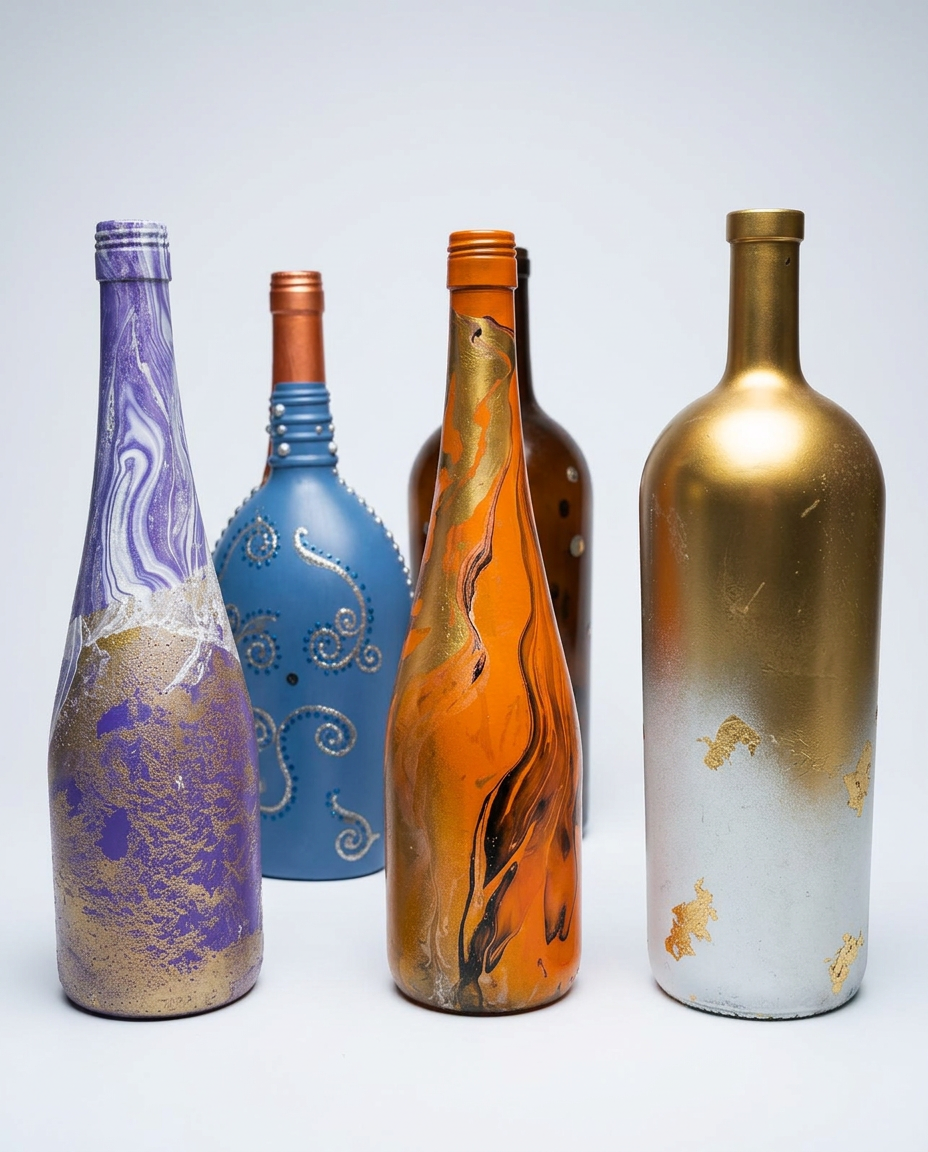 Purple, orange and gold leaf bottles displayed on a shelf