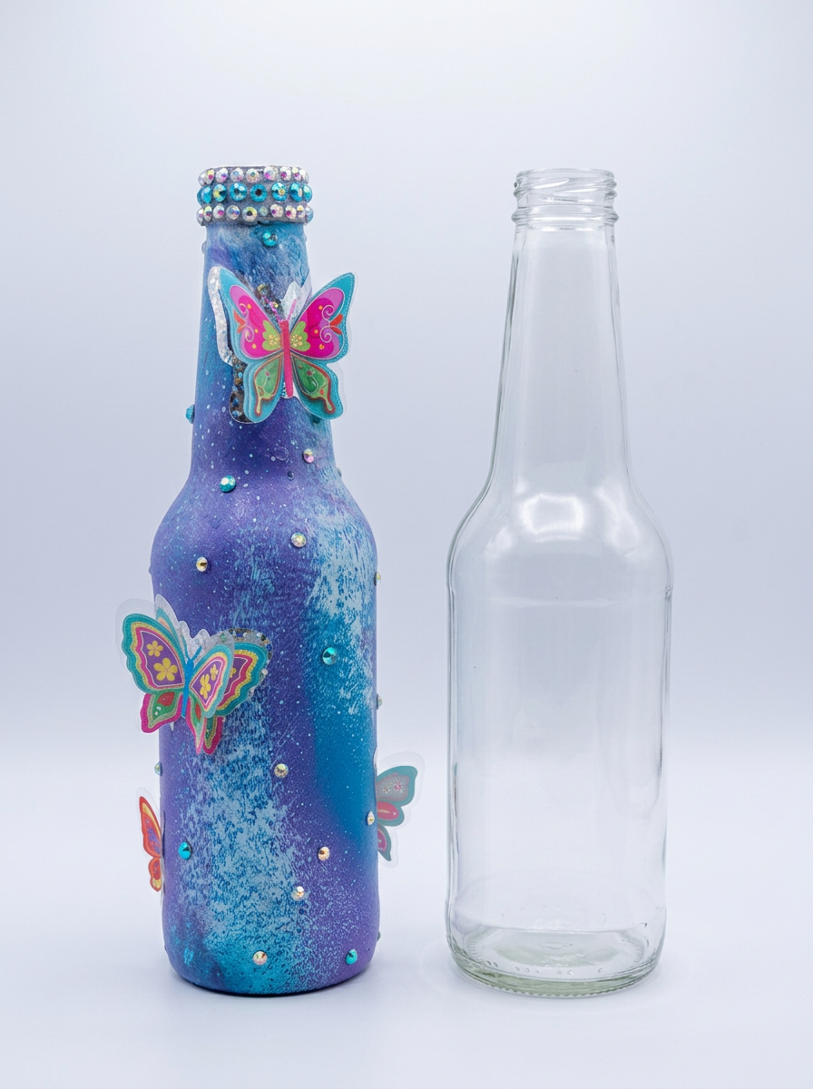 Blue galaxy painted bottle with butterflies and rhinestones