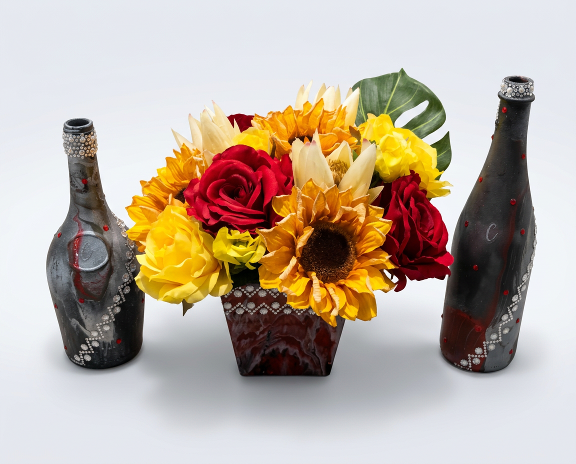 Red and yellow floral centerpiece flanked by two painted bottles