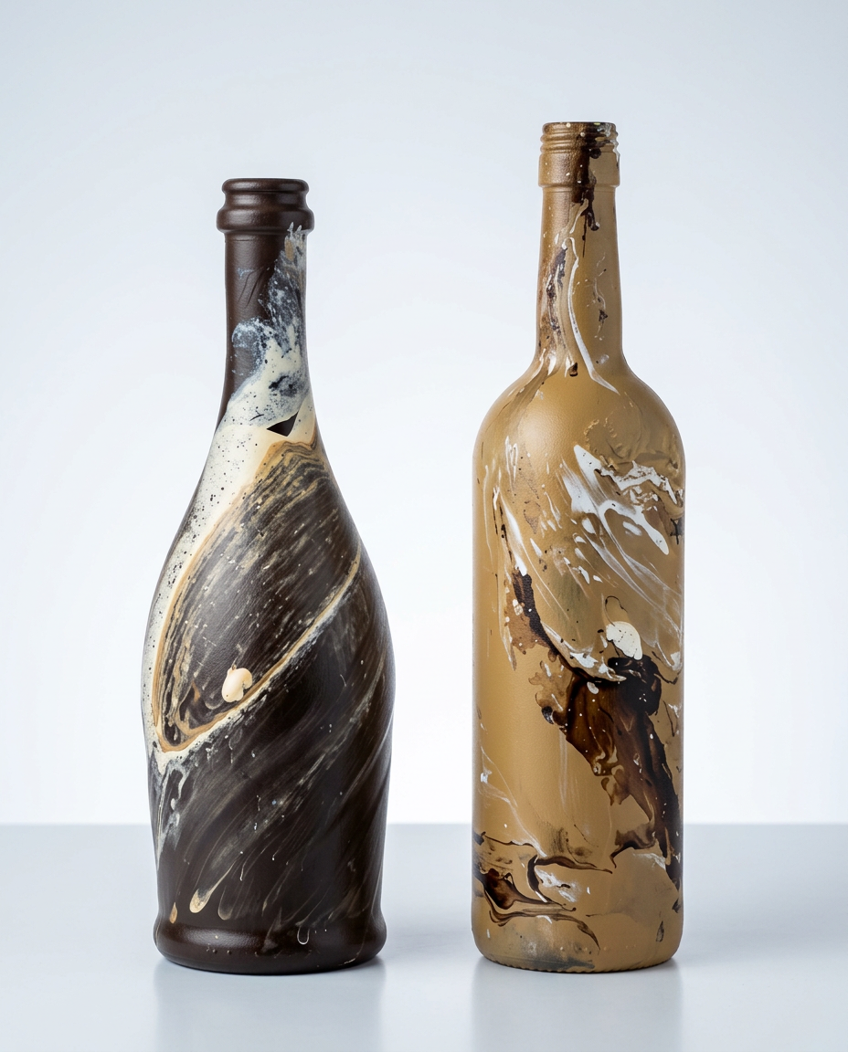 Two bronze and cream swirled bottles with cut-work openings