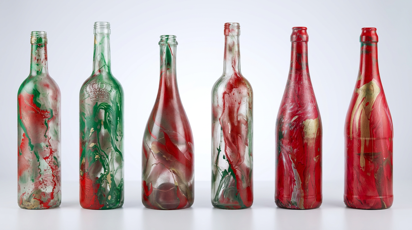 Six red, green and gold marbled bottles lined up