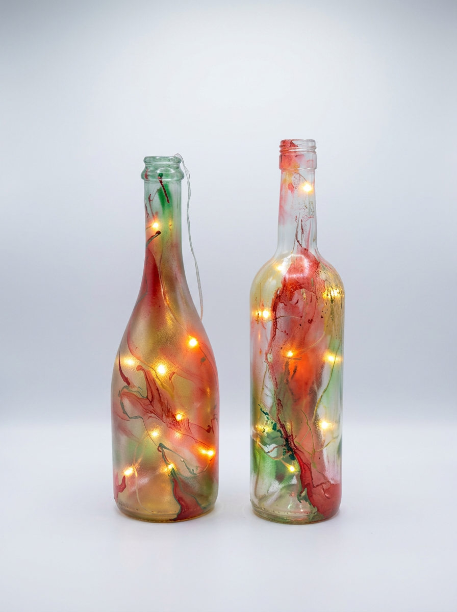 Yellow and gold marbled bottle lit from within with fairy lights