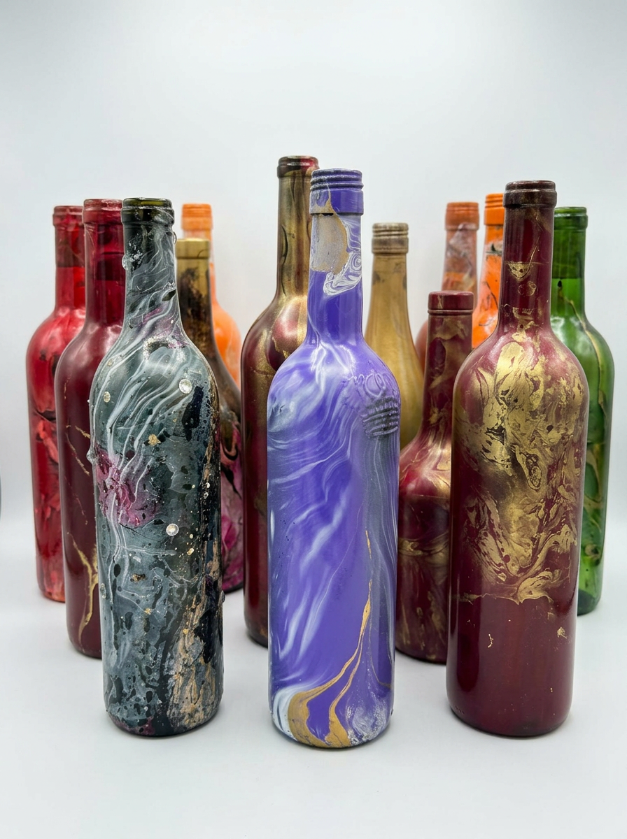 Lavender, white and gold marbled bottle among a shelf of painted bottles