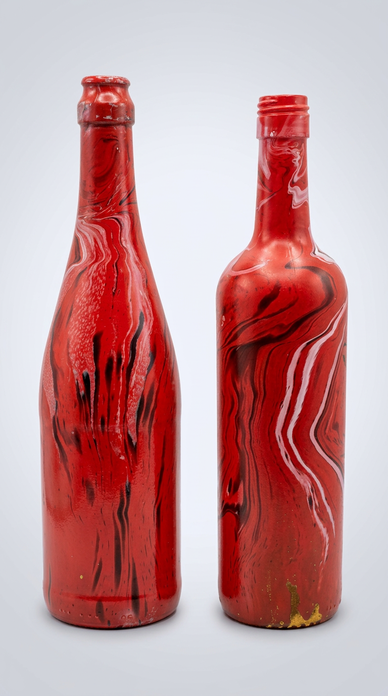 Two red, black and white marbled bottles