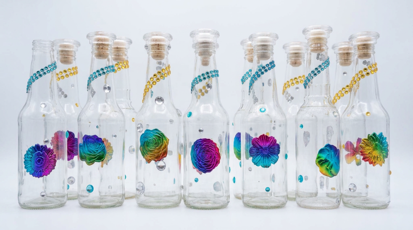 Collection of clear glass bottles decorated with colorful metallic flowers and turquoise and gold rhinestones
