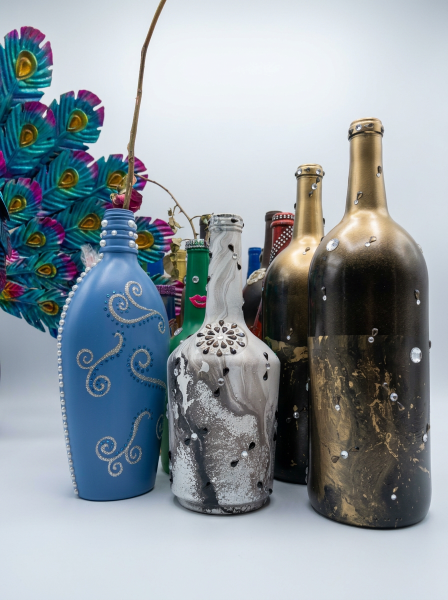 Collection of hand-painted bottles in blue, marble, gold and black