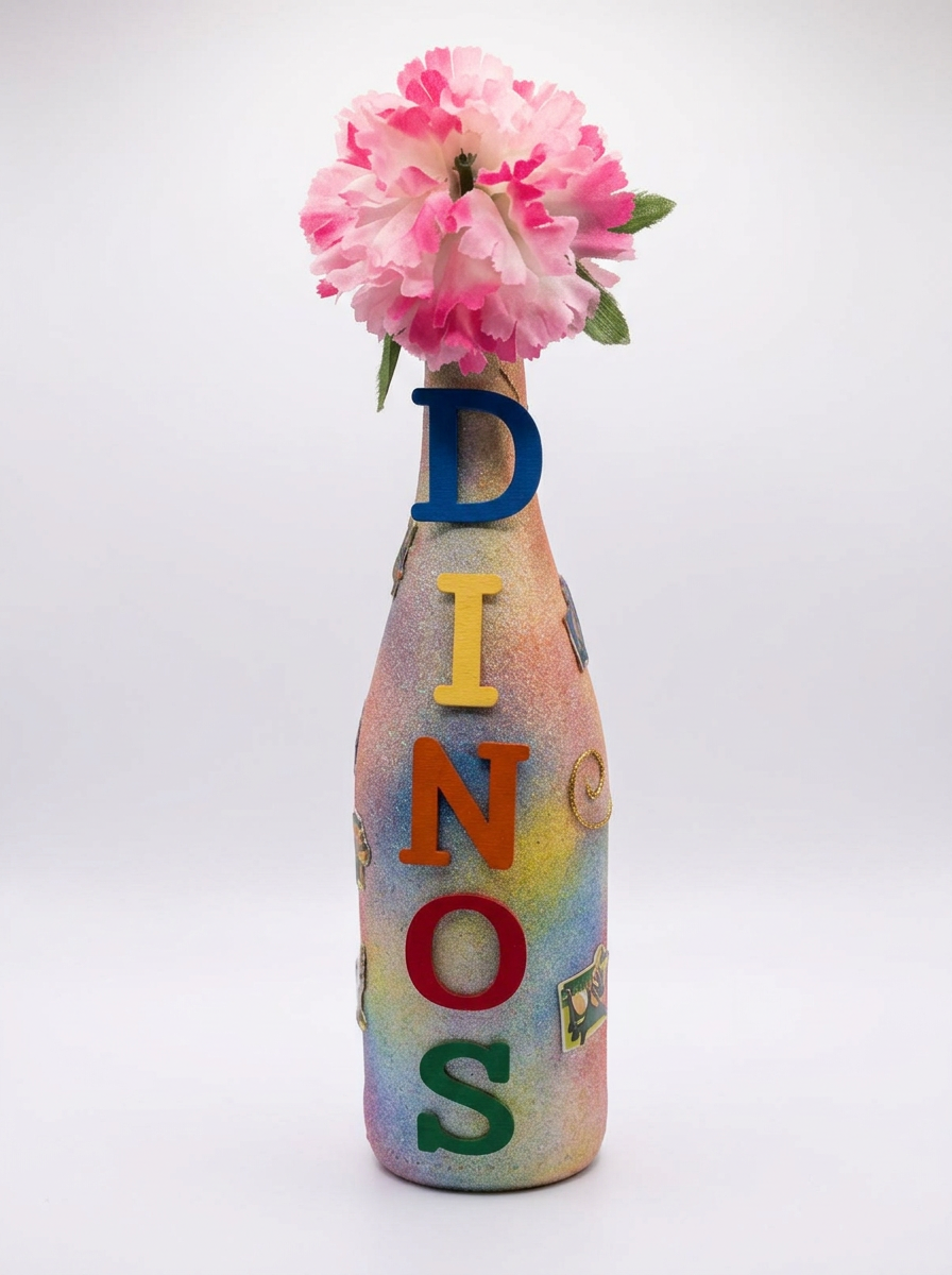 Rainbow glitter dinosaur-themed bottle vase with pink carnation