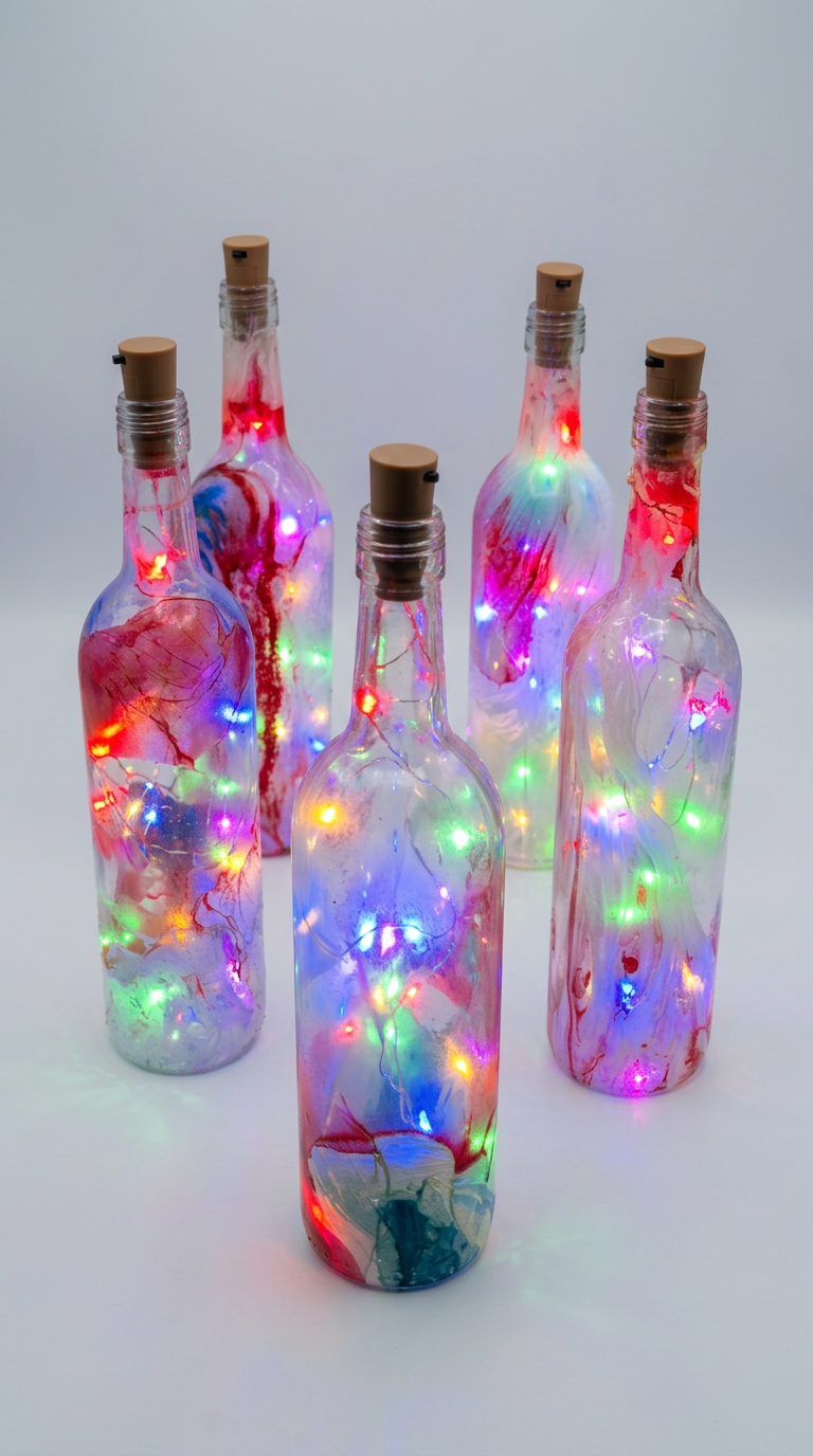 Five lit bottles glowing with multicolored fairy lights