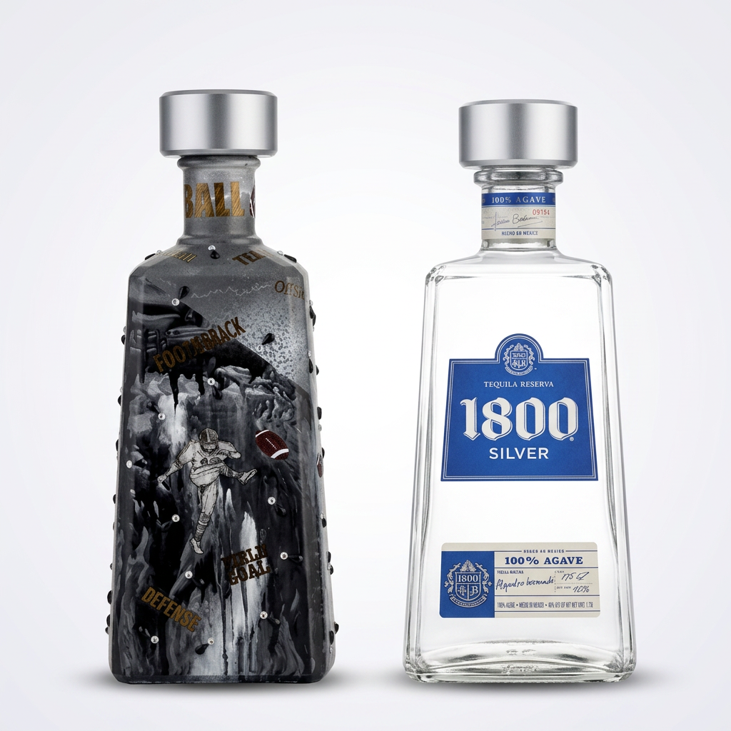 Hand-painted black and silver football themed bottle with rhinestones
