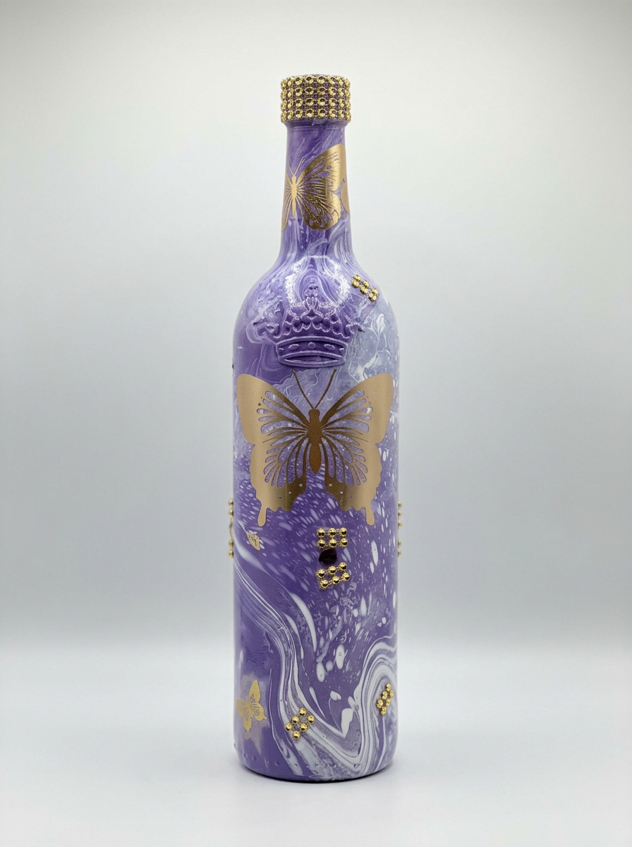 Tall purple and white marbled bottle with gold butterfly decals and rhinestone bands