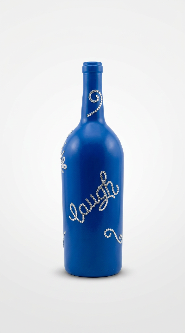Cobalt blue bottle with rhinestone 'laugh' lettering