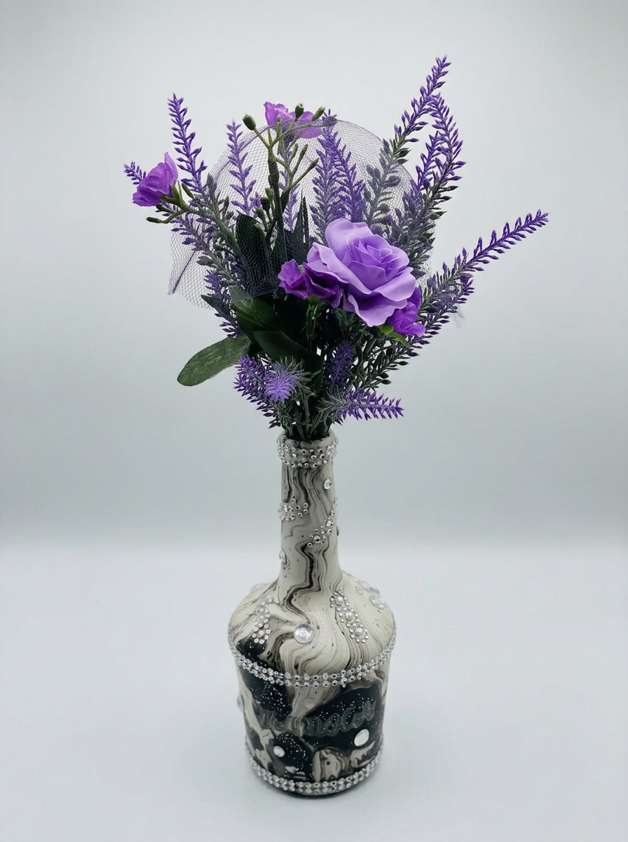 White and black marbled vase with lavender florals and pearls