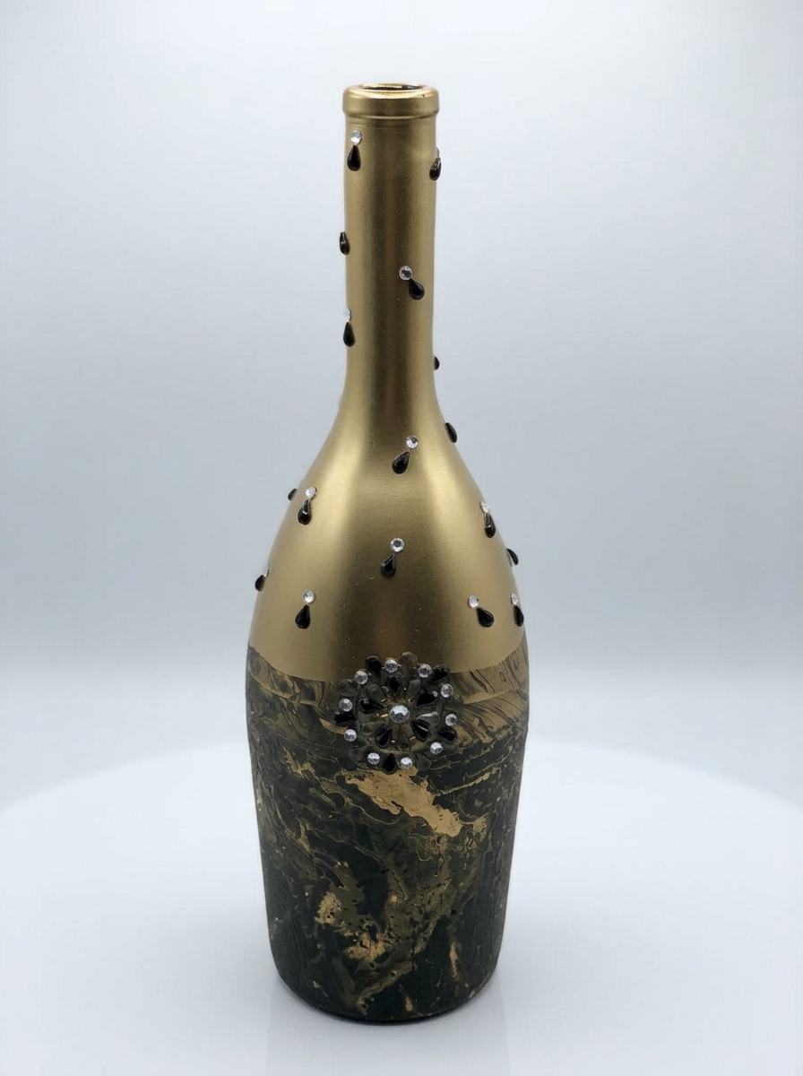 Gold and black marbled bottle with black droplets and crystals
