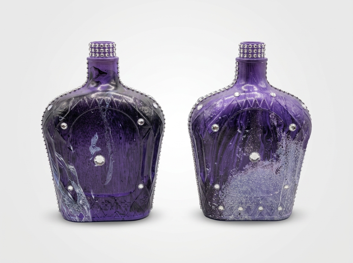 Two purple, black and lavender marbled bottles with silver rhinestones