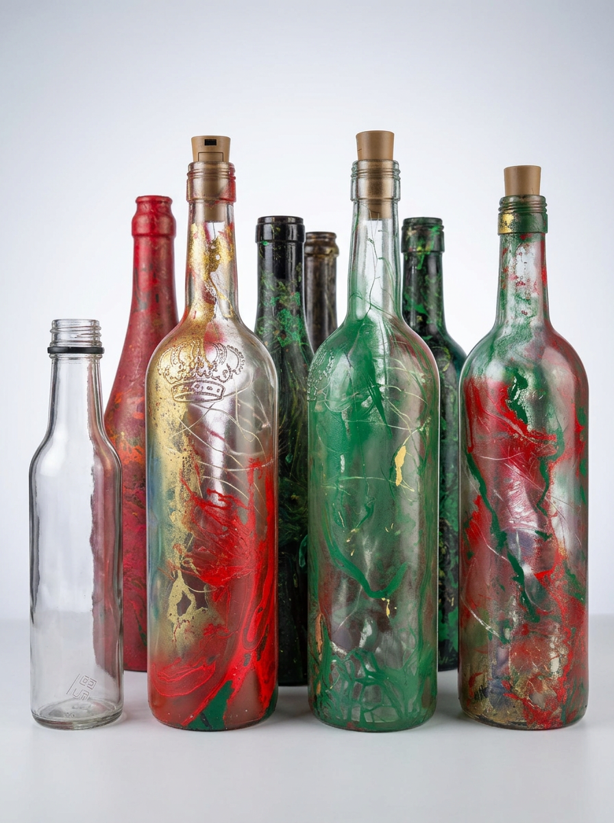 Red, green and gold holiday bottles with cork lids