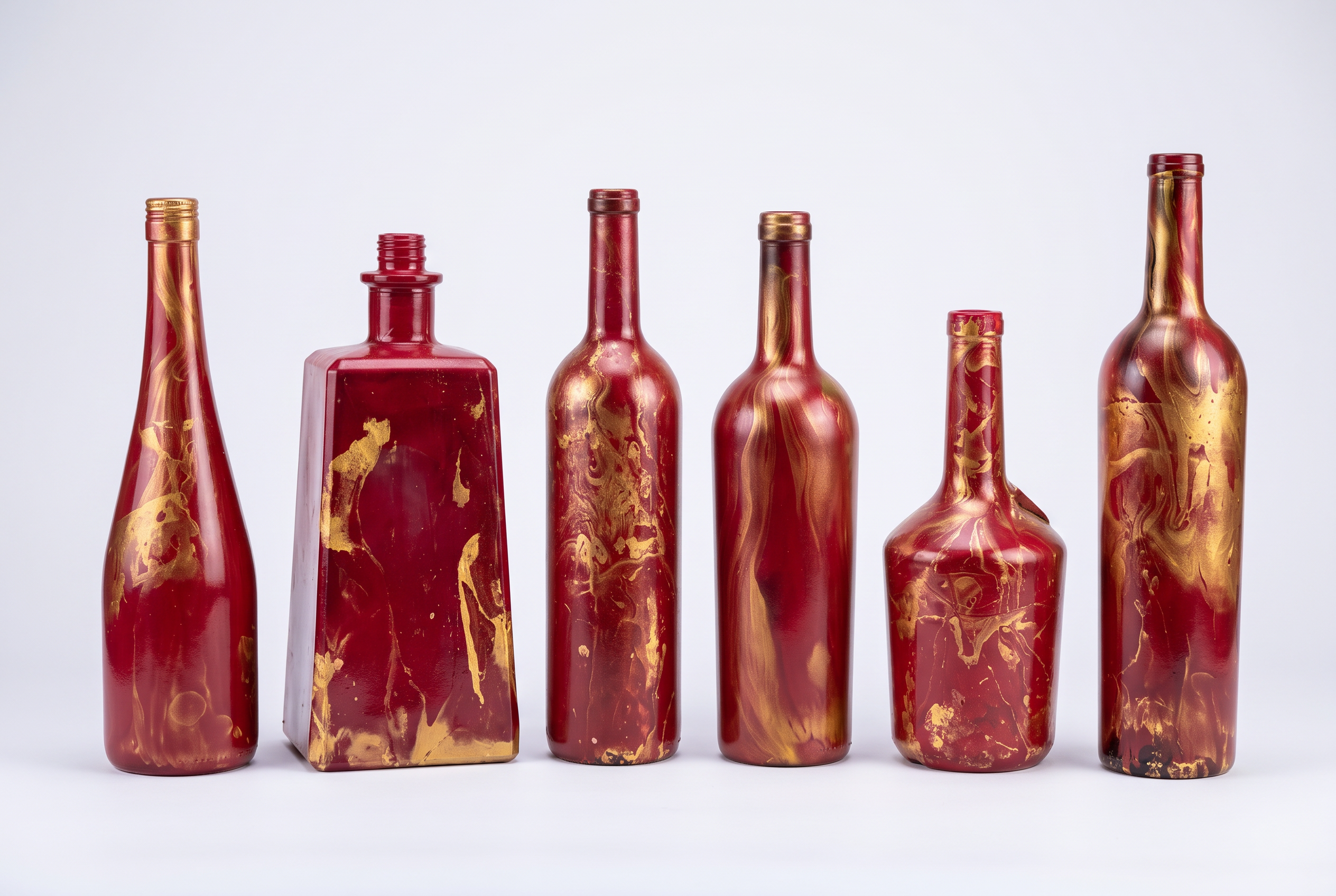 Six red and gold marbled bottles of varying shapes