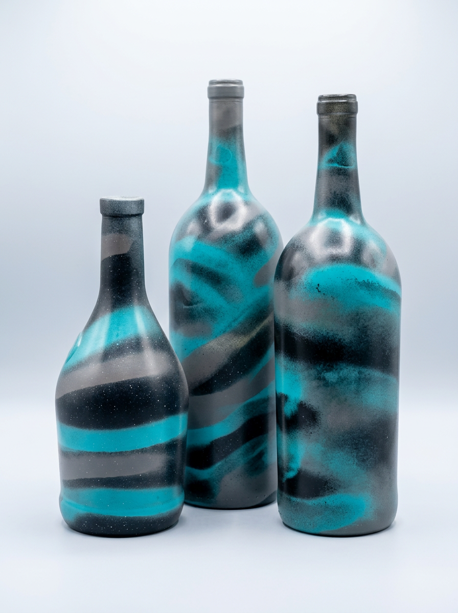 Three teal, black and grey marbled decorative bottles with starry-sky speckled bands