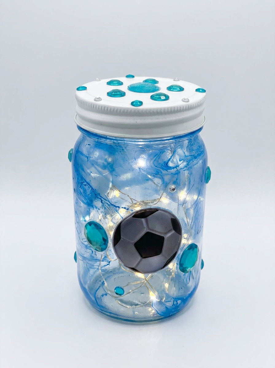 Blue lighted soccer jar with teal gems on a clean white background